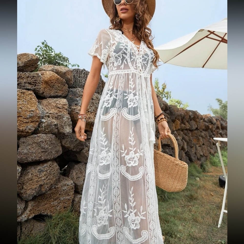 Black Boho Floral Lace Sheer Mesh Cover Up One Size - Picture 10 of 13